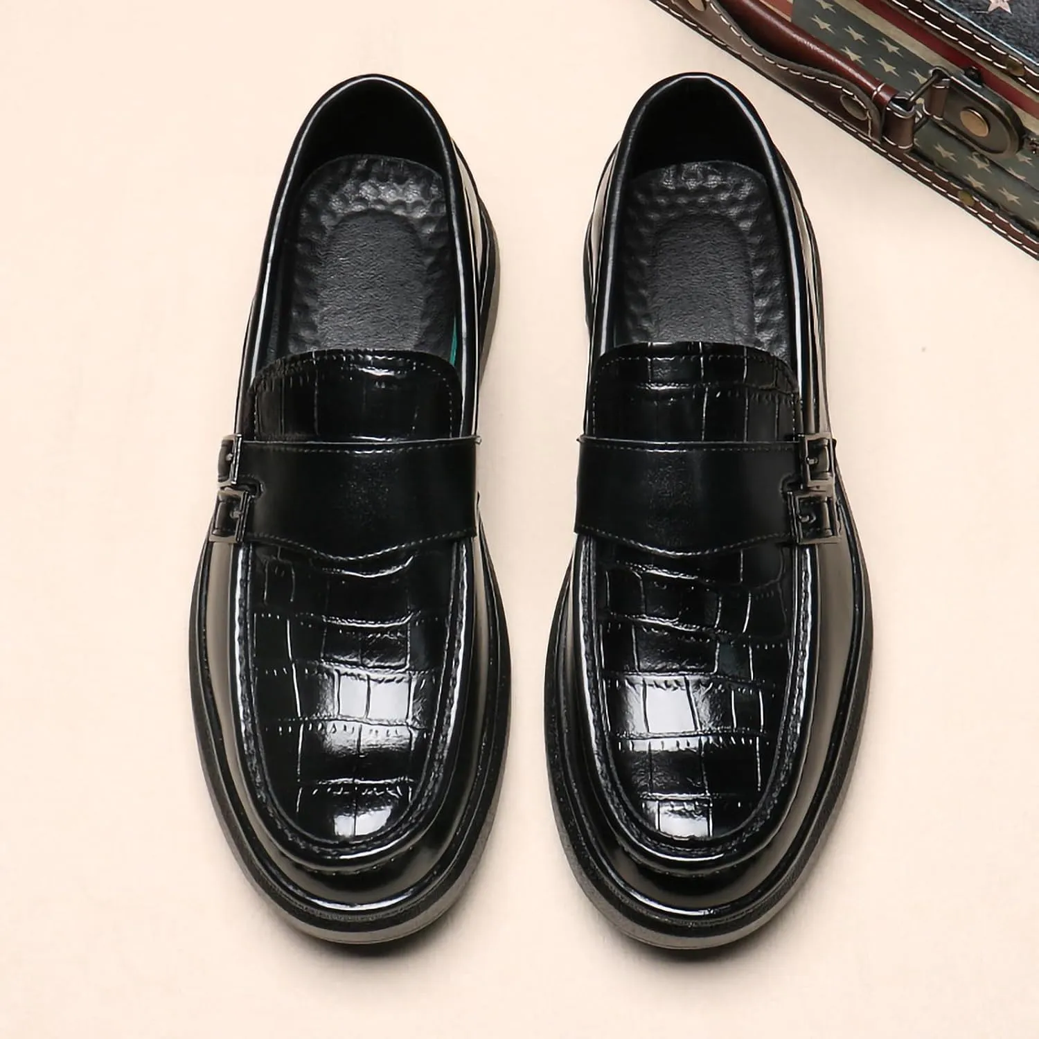 Men's PU Leather Croc-Embossed Double Monk Strap Loafers – Lightweight Slip-On, Flat Non-Slip Sole, Formal & Casual Driving Shoes