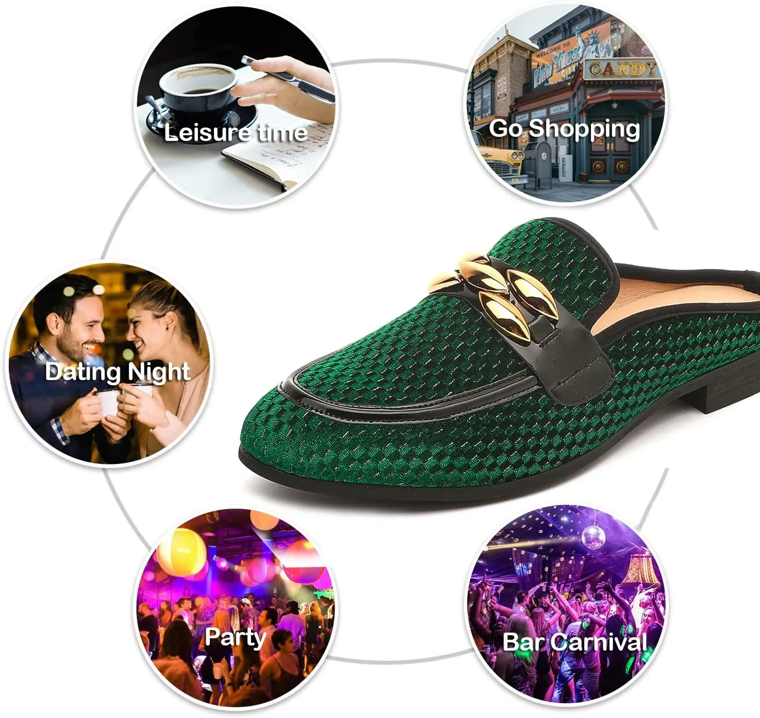 Men's Slip-on Mule Sandals Loafer with Gold Buckle,Fashion Leather Formal Wear Casual Backless Dress Slippers