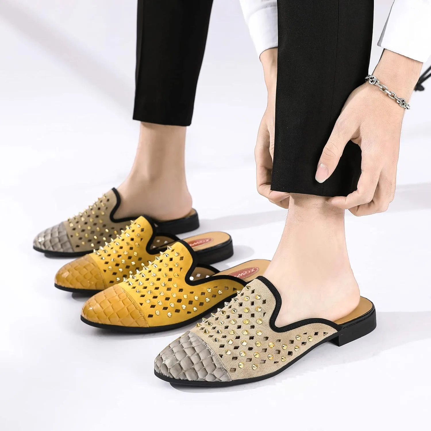 Men's Slip-on Mule Sandals Loafer with Gold Buckle,Fashion Leather Formal Wear Casual Backless Dress Slippers