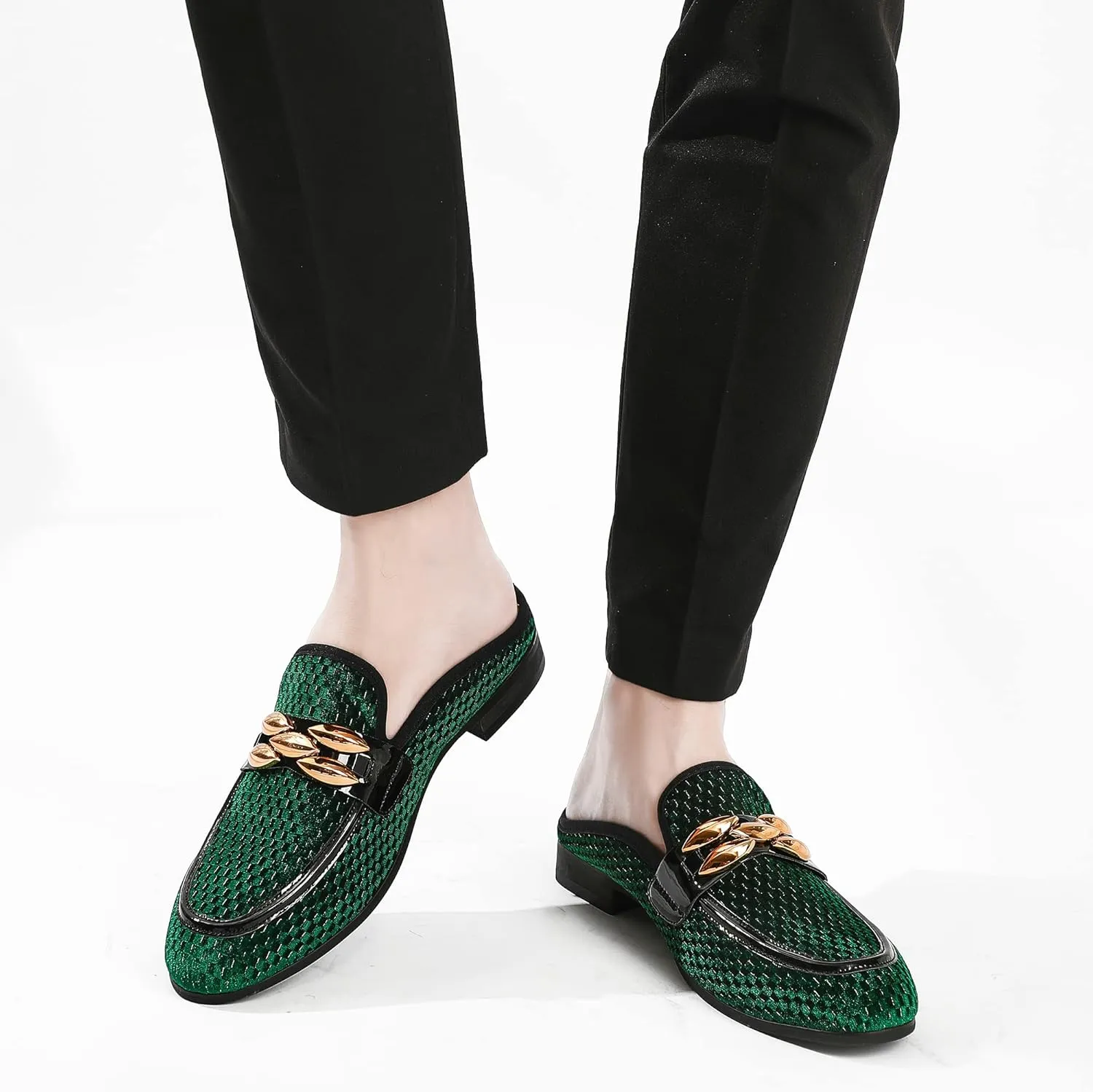 Men's Slip-on Mule Sandals Loafer with Gold Buckle,Fashion Leather Formal Wear Casual Backless Dress Slippers