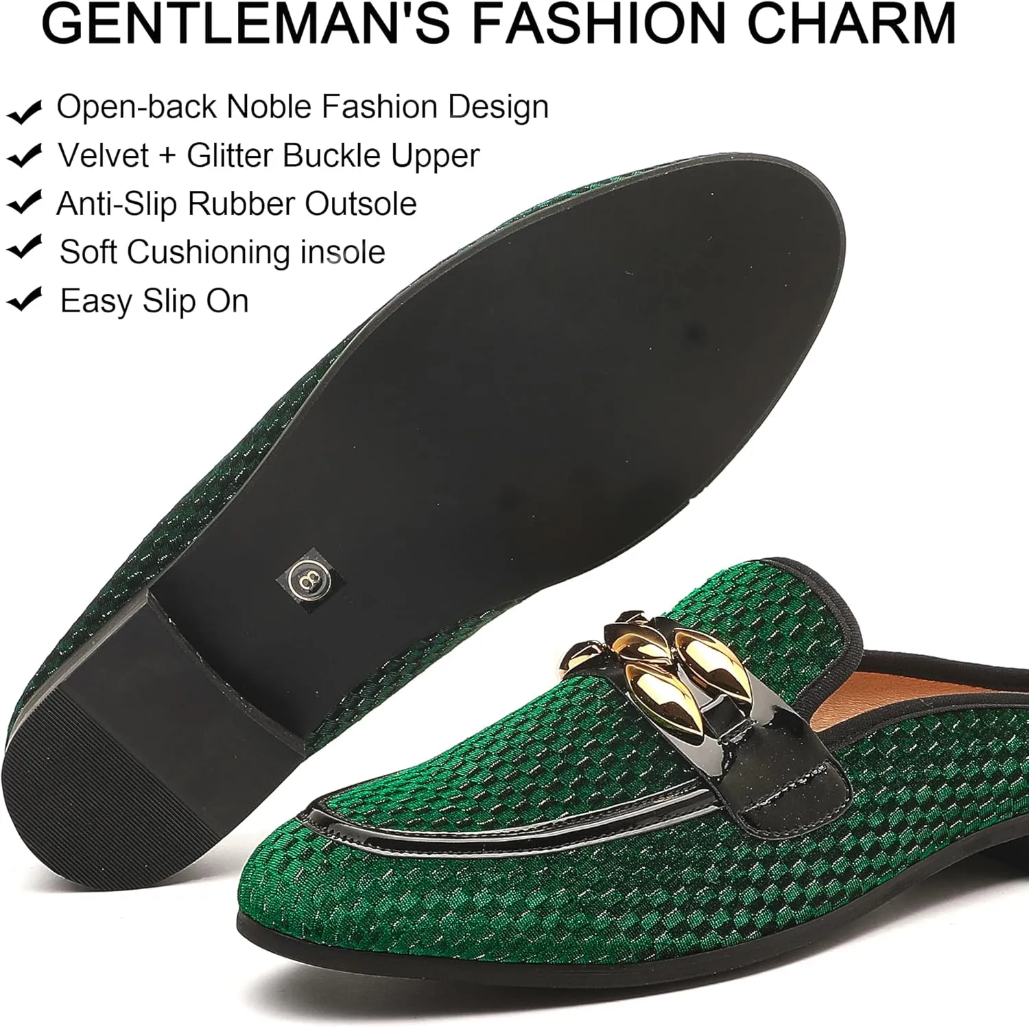 Men's Slip-on Mule Sandals Loafer with Gold Buckle,Fashion Leather Formal Wear Casual Backless Dress Slippers