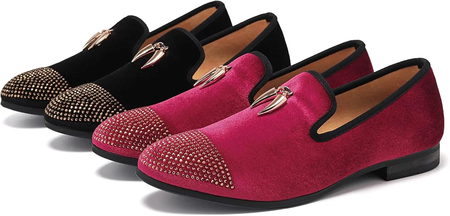 Men's Velvet Loafers, Mens Fashion Dress Shoes with Rhinestone for Wedding Party Penny Slip-On Glitter Tuxedo Shoes