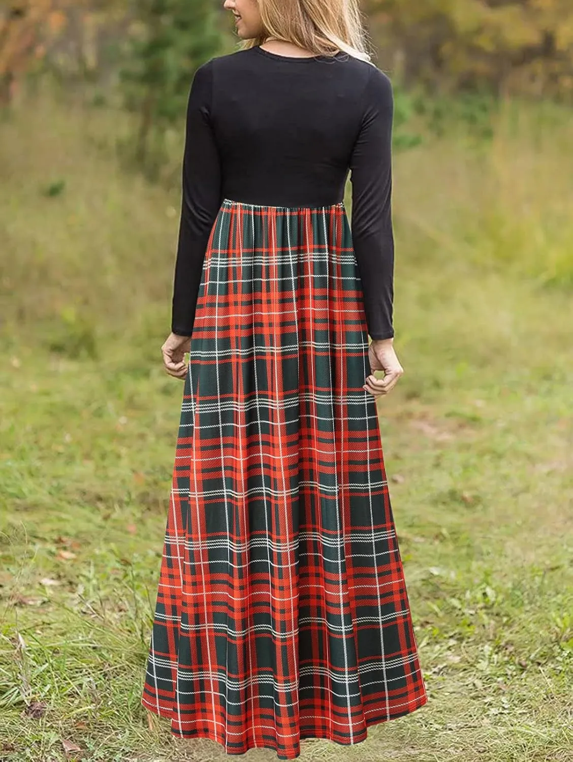 MEROKEETY Women's Long Sleeve Plaid Empire Waist Full Length Maxi Dress with Pockets