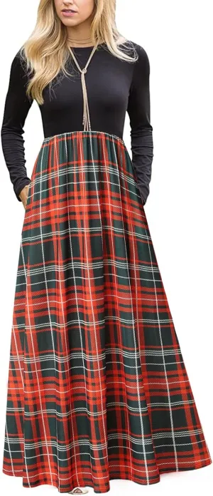 MEROKEETY Women's Long Sleeve Plaid Empire Waist Full Length Maxi Dress with Pockets