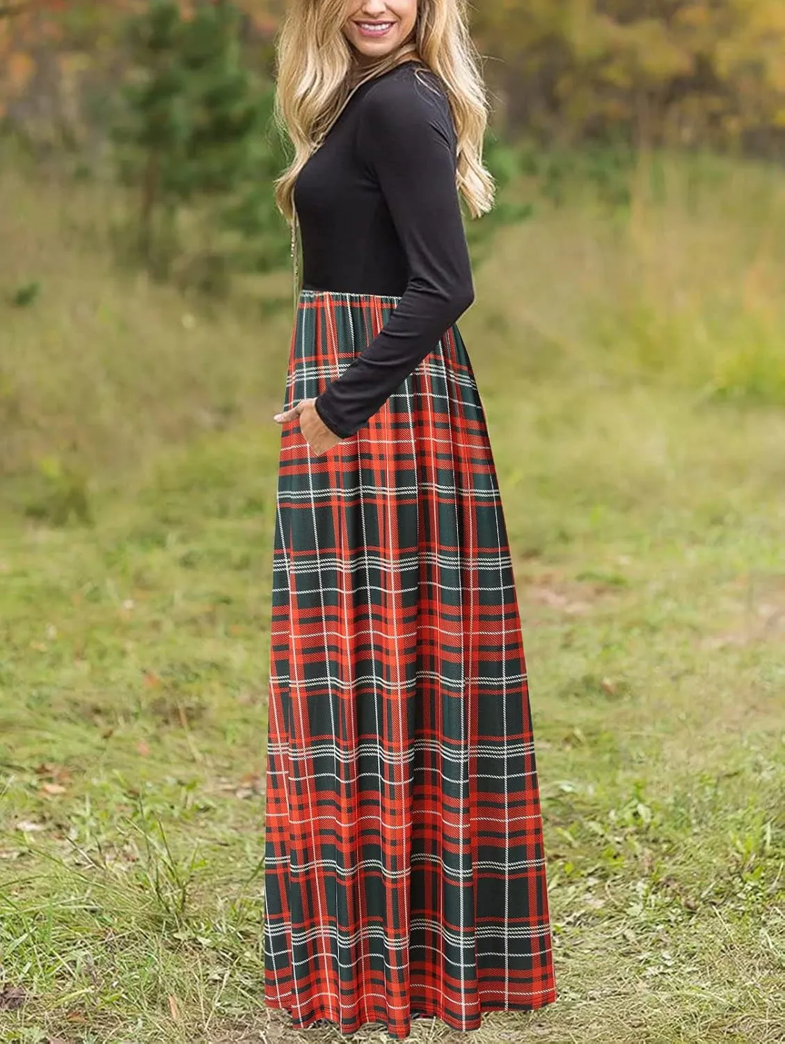 MEROKEETY Women's Long Sleeve Plaid Empire Waist Full Length Maxi Dress with Pockets