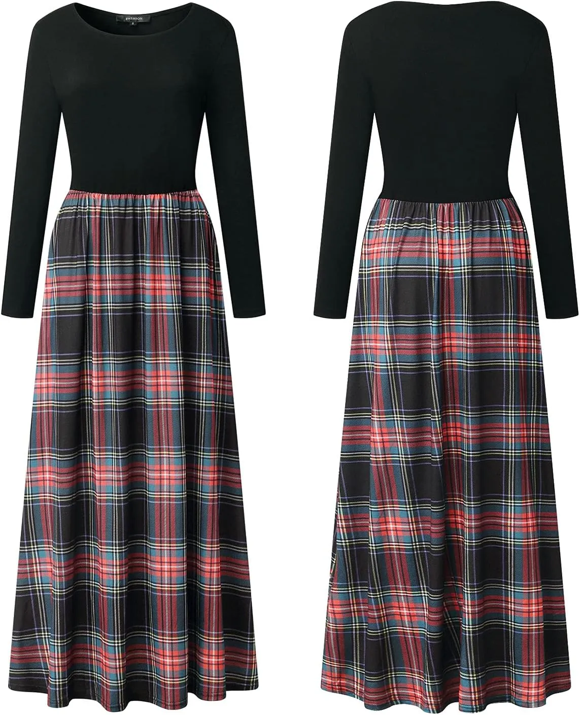 MEROKEETY Women's Long Sleeve Plaid Empire Waist Full Length Maxi Dress with Pockets