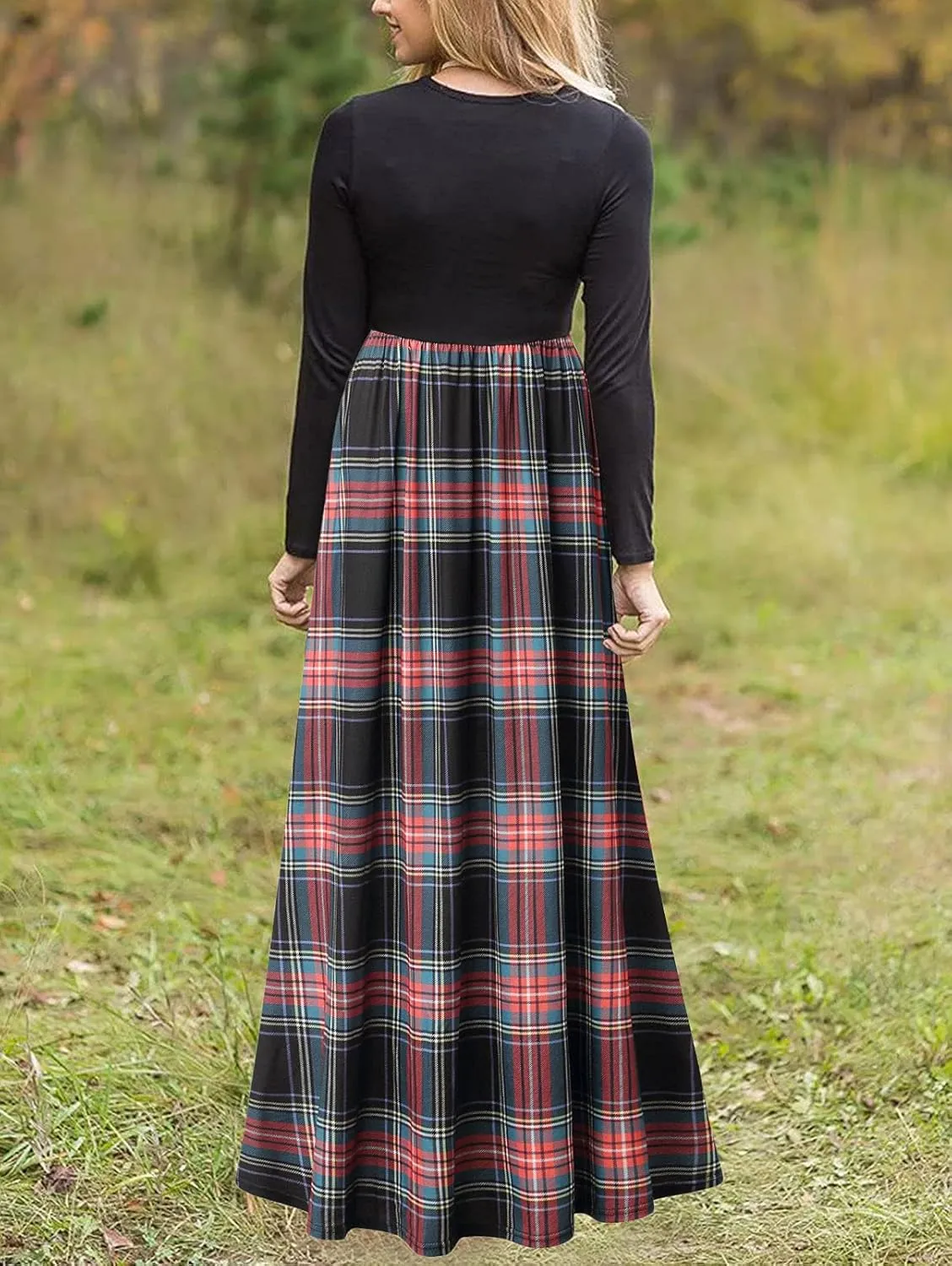 MEROKEETY Women's Long Sleeve Plaid Empire Waist Full Length Maxi Dress with Pockets