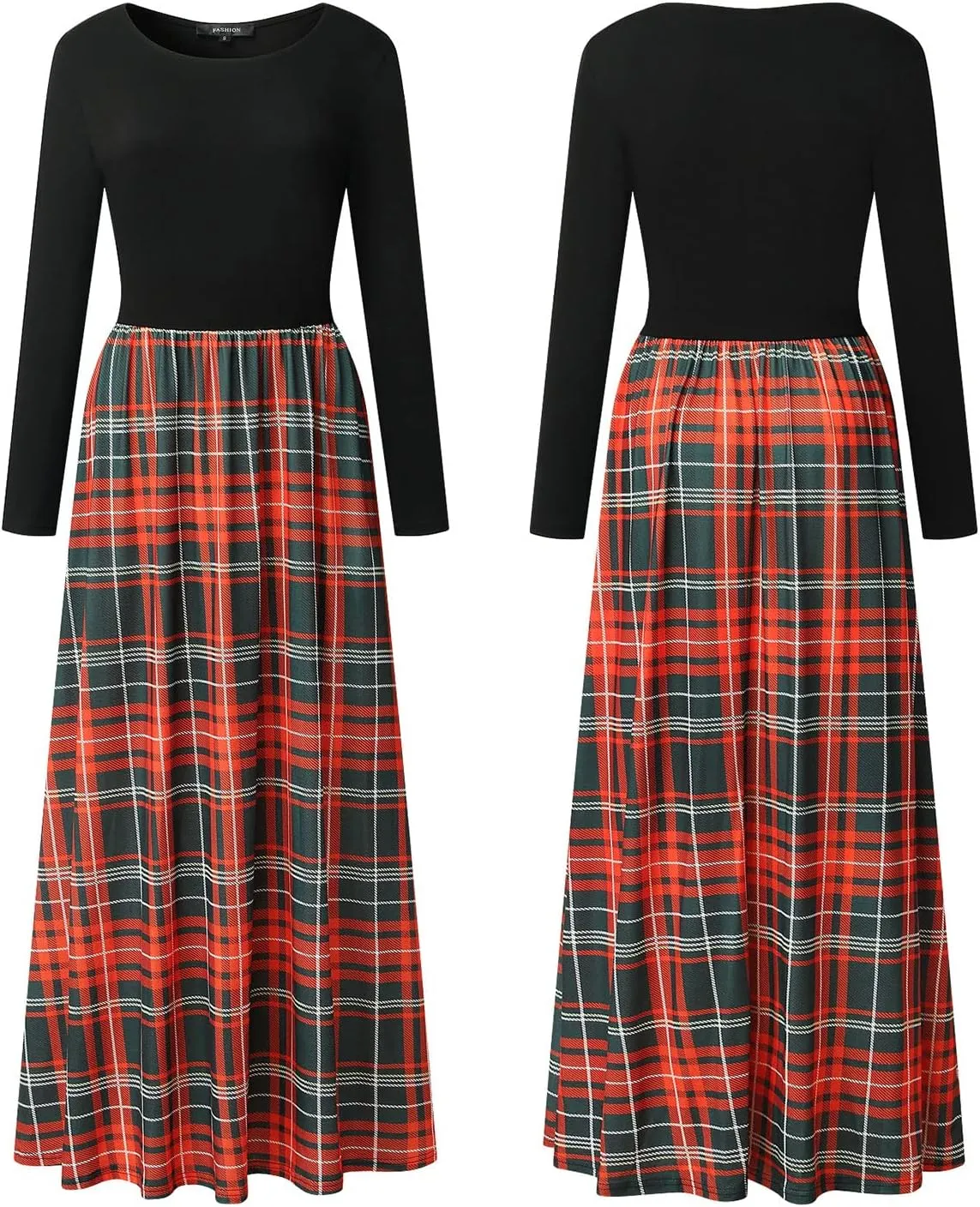 MEROKEETY Women's Long Sleeve Plaid Empire Waist Full Length Maxi Dress with Pockets