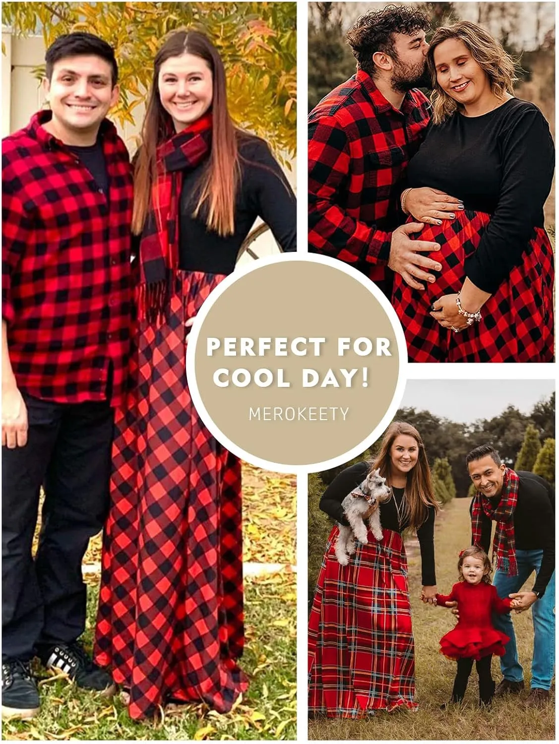 MEROKEETY Women's Long Sleeve Plaid Empire Waist Full Length Maxi Dress with Pockets