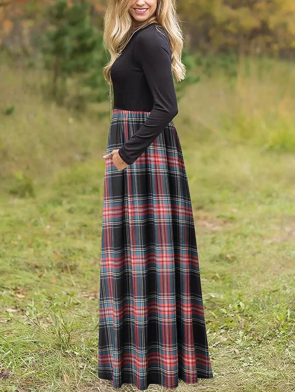 MEROKEETY Women's Long Sleeve Plaid Empire Waist Full Length Maxi Dress with Pockets