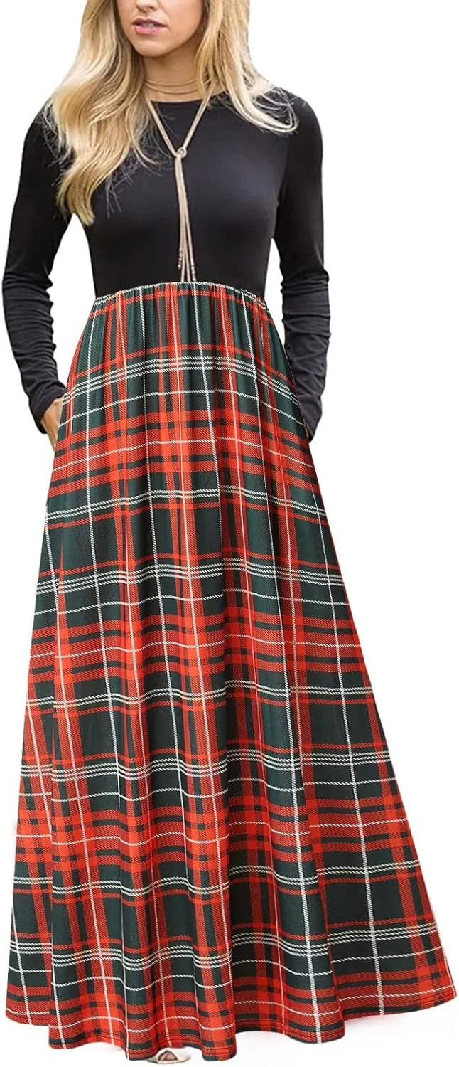 MEROKEETY Women's Long Sleeve Plaid Empire Waist Full Length Maxi Dress with Pockets