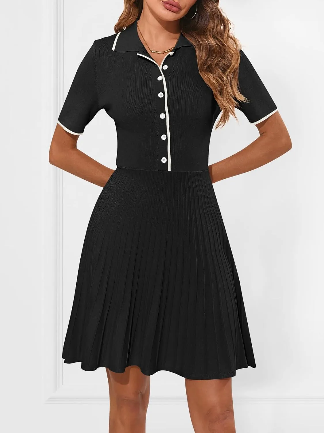 MEROKEETY Women's Summer Ribbed Knit Midi Dresses Short Sleeve V Neck Button A Line Swing Sweater Dress