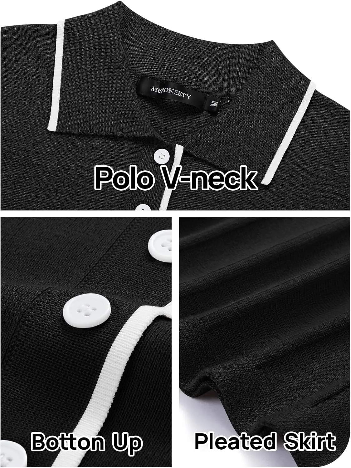 MEROKEETY Women's Summer Ribbed Knit Midi Dresses Short Sleeve V Neck Button A Line Swing Sweater Dress