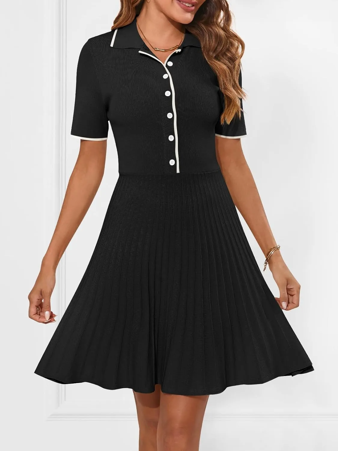 MEROKEETY Women's Summer Ribbed Knit Midi Dresses Short Sleeve V Neck Button A Line Swing Sweater Dress