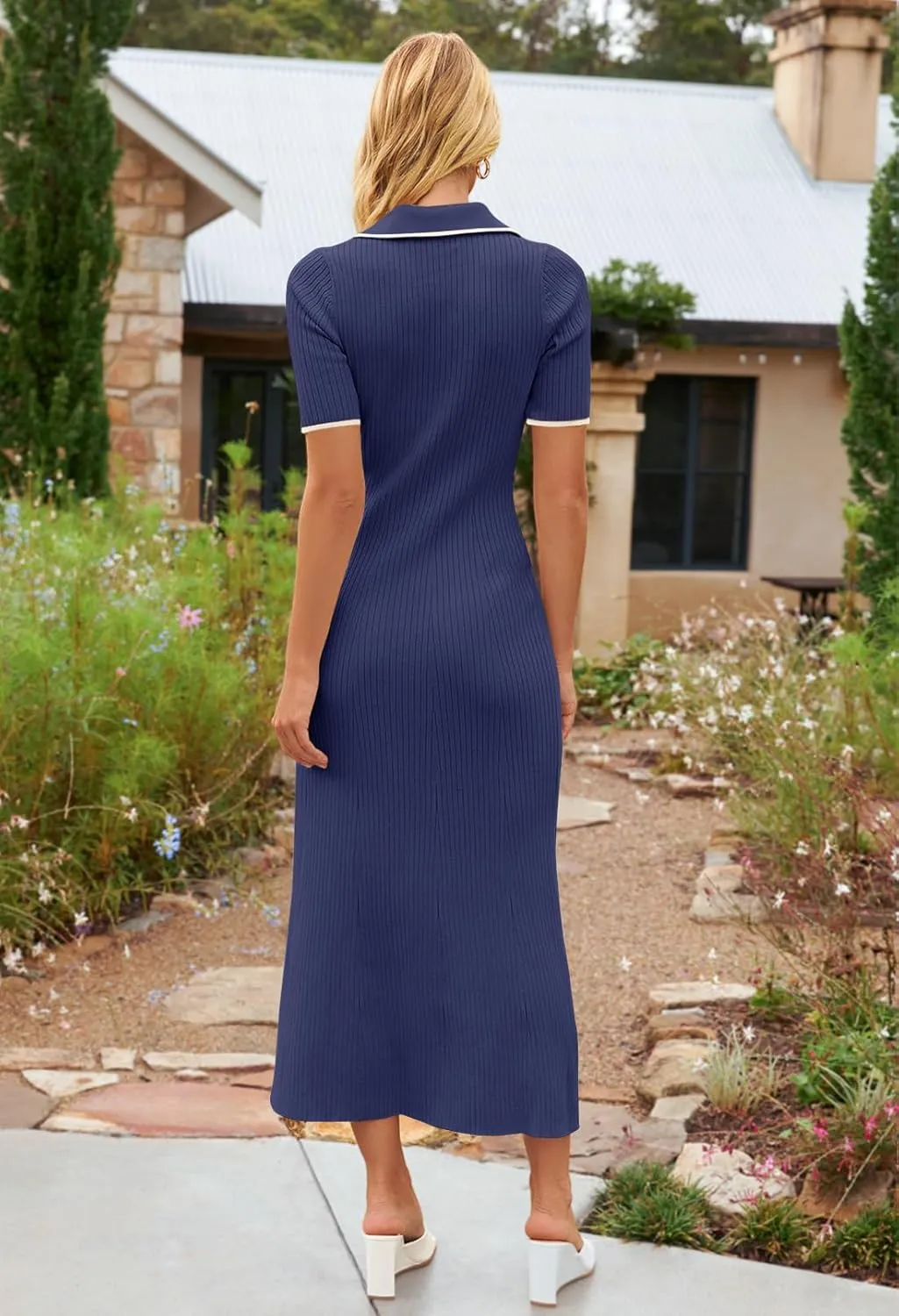 MEROKEETY Women's V Neck Ribbed Knit Maxi Dress Button Short Sleeve Slim Fit Bodycon Sweater Dress