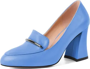 Mettesally Womens Slip On Loafer Heels High Chunky Pumps Block Round Toe 3.1 Inches Matte Elegant Shoes