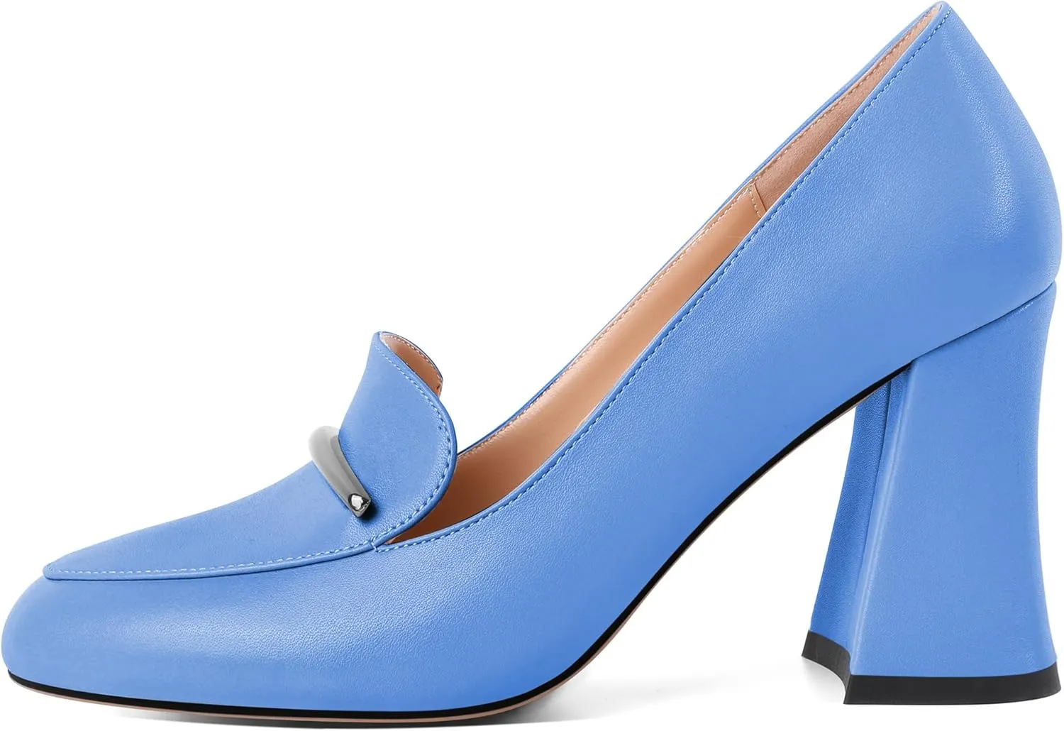 Mettesally Womens Slip On Loafer Heels High Chunky Pumps Block Round Toe 3.1 Inches Matte Elegant Shoes