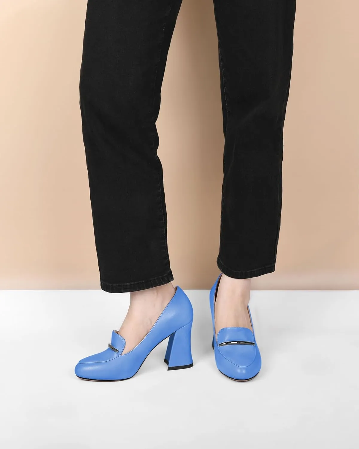 Mettesally Womens Slip On Loafer Heels High Chunky Pumps Block Round Toe 3.1 Inches Matte Elegant Shoes