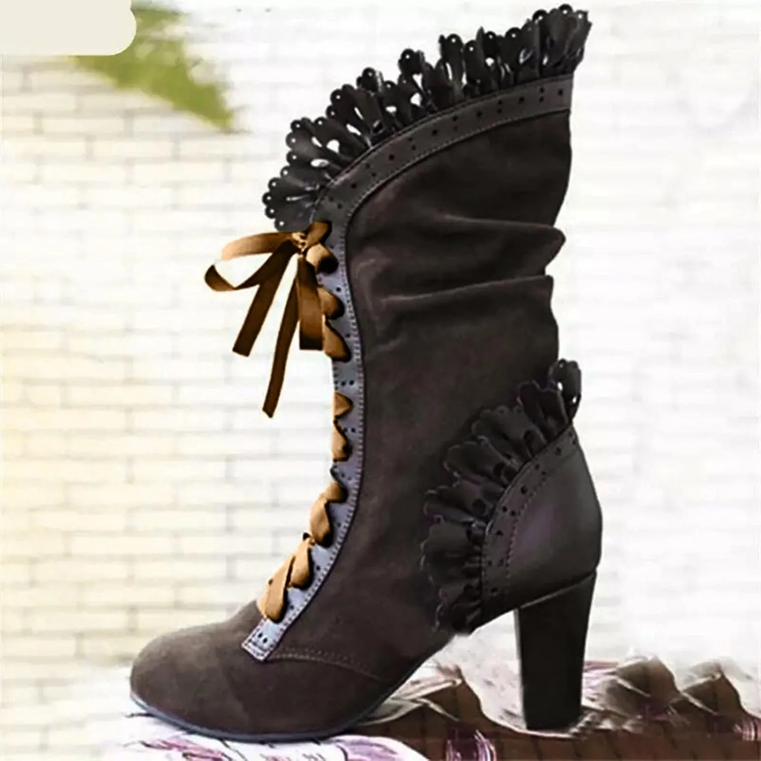 Mid Calf Boots for Women Dressy,Lace Up Victorian Boots Gothic Cosplay High Heels Shoes Fall Boots for Women 2024
