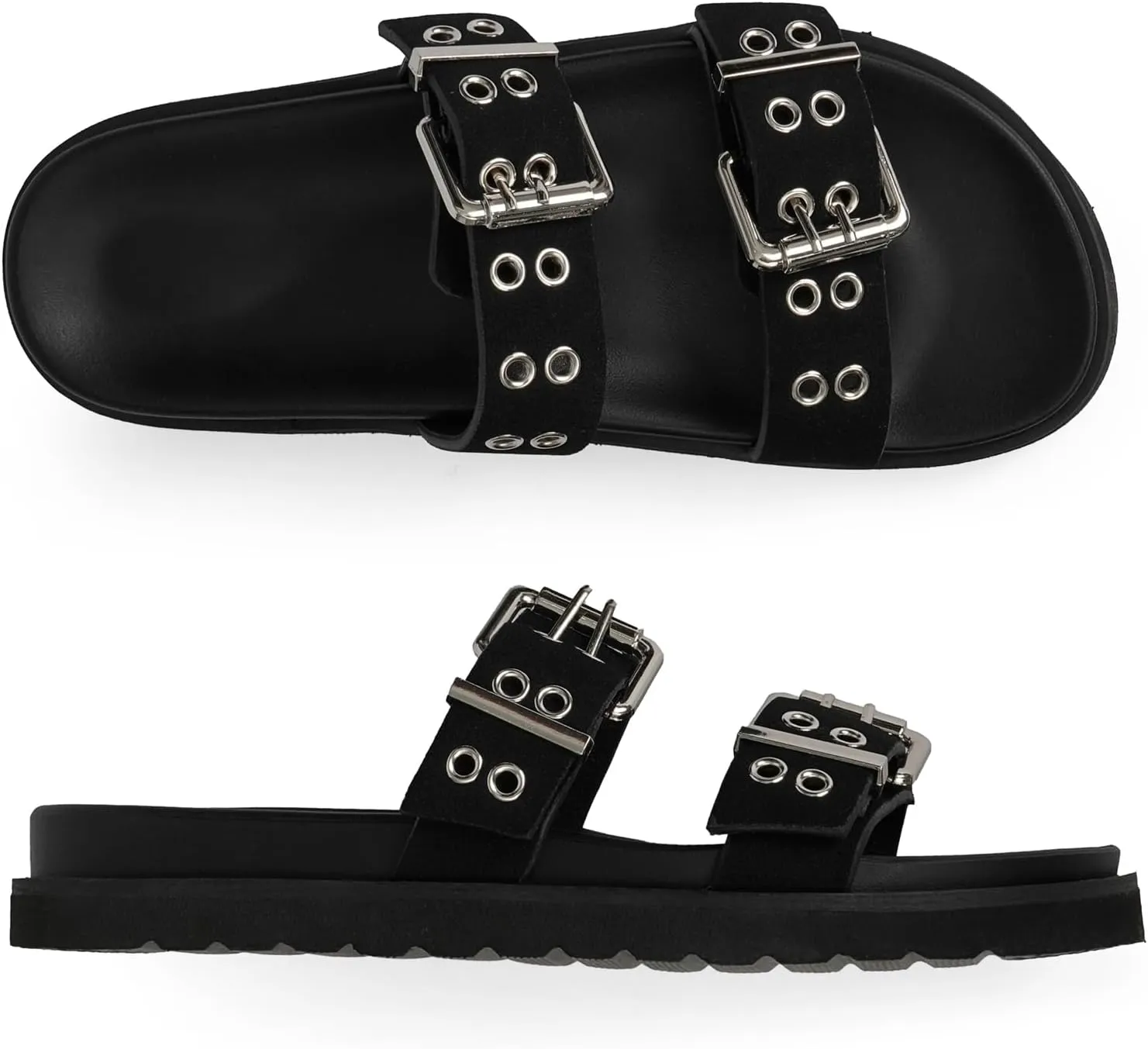 Modatope Womens Flat Sandals for Women Double Buckle Adjustable Slide Sandals Slip On Open Toe Platform Sandals