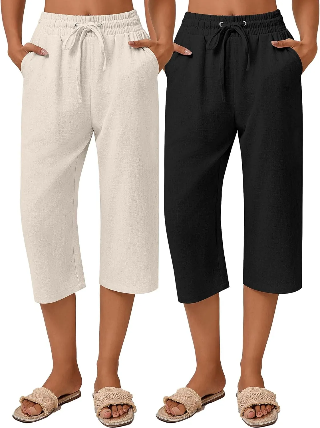 Neer 2 Pack Women's Linen Capri Pants Basics Wide Leg Casual Loose Drawstring Elasticated Beach Capris Pant with Pocket