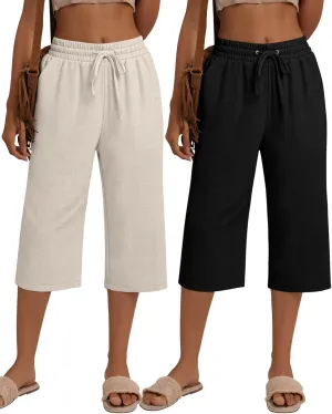 Neer 2 Pack Women's Linen Capri Pants Basics Wide Leg Casual Loose Drawstring Elasticated Beach Capris Pant with Pocket