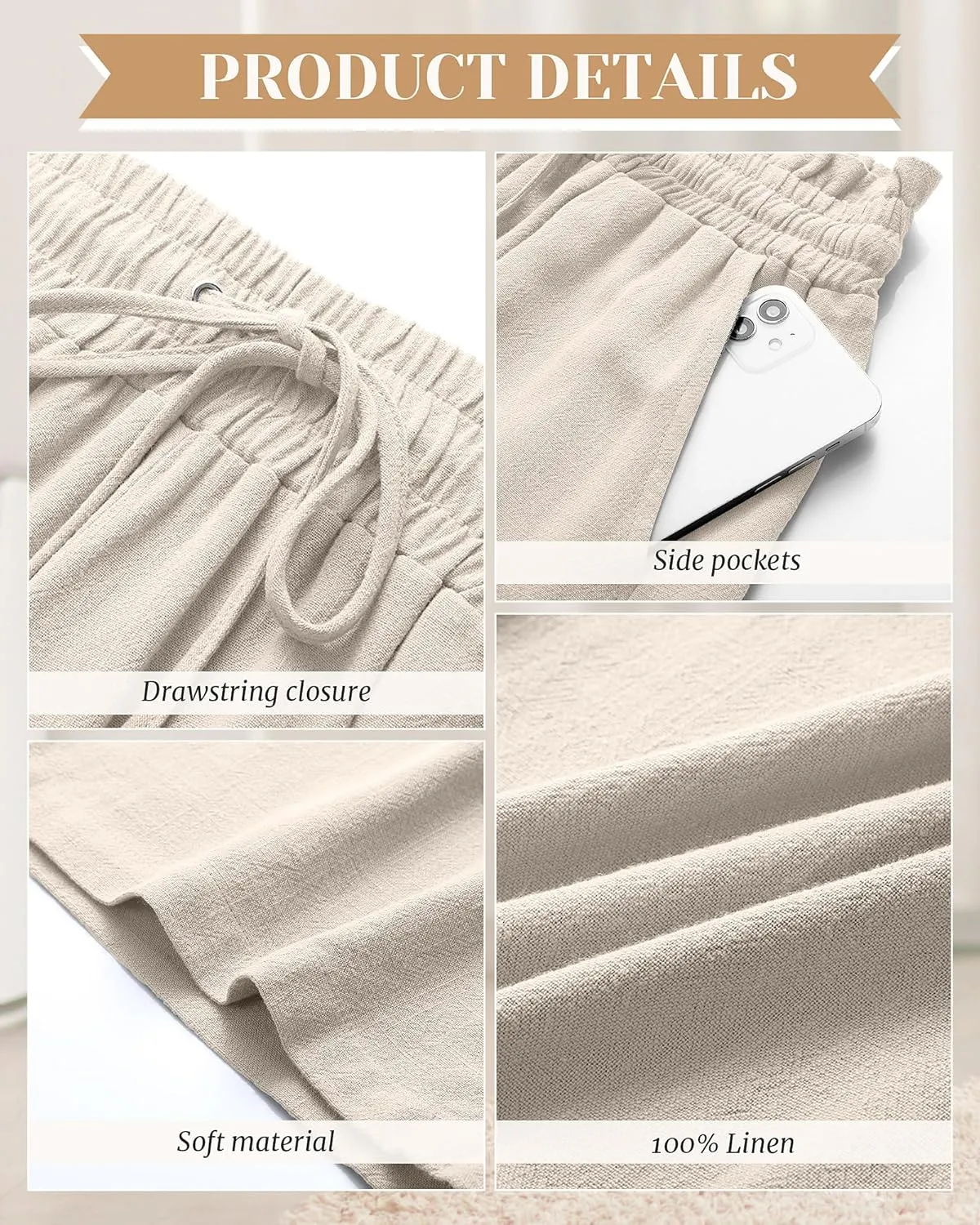 Neer 2 Pack Women's Linen Capri Pants Basics Wide Leg Casual Loose Drawstring Elasticated Beach Capris Pant with Pocket