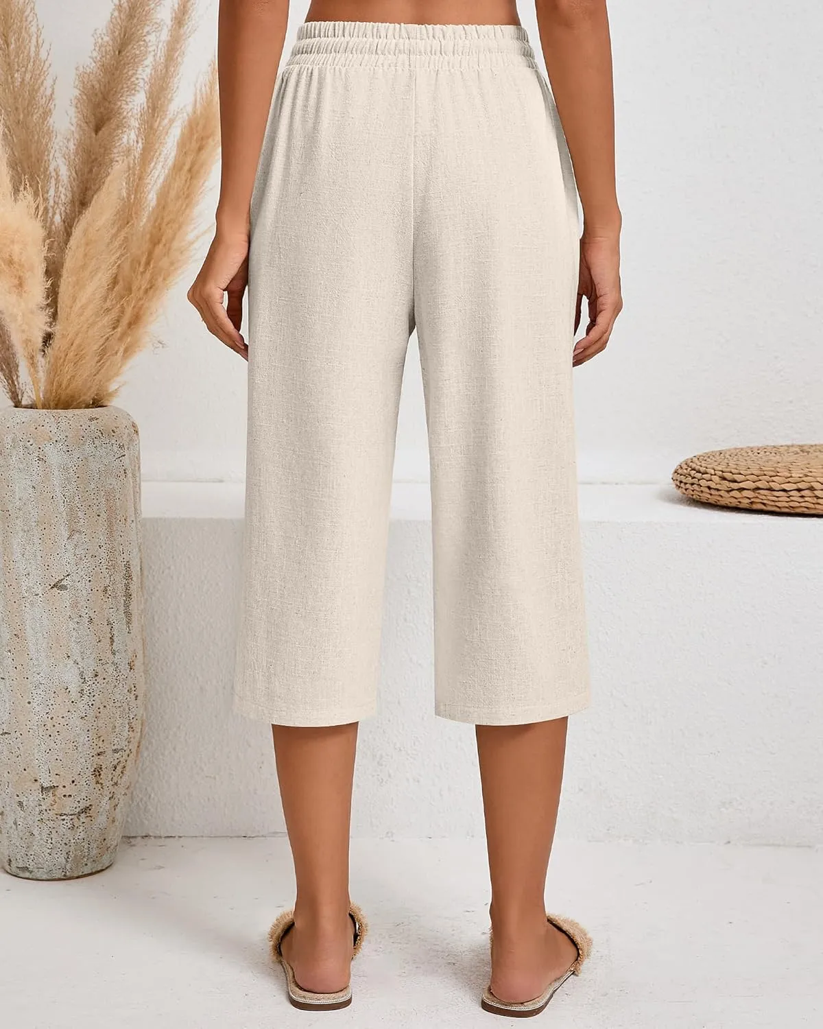 Neer 2 Pack Women's Linen Capri Pants Basics Wide Leg Casual Loose Drawstring Elasticated Beach Capris Pant with Pocket