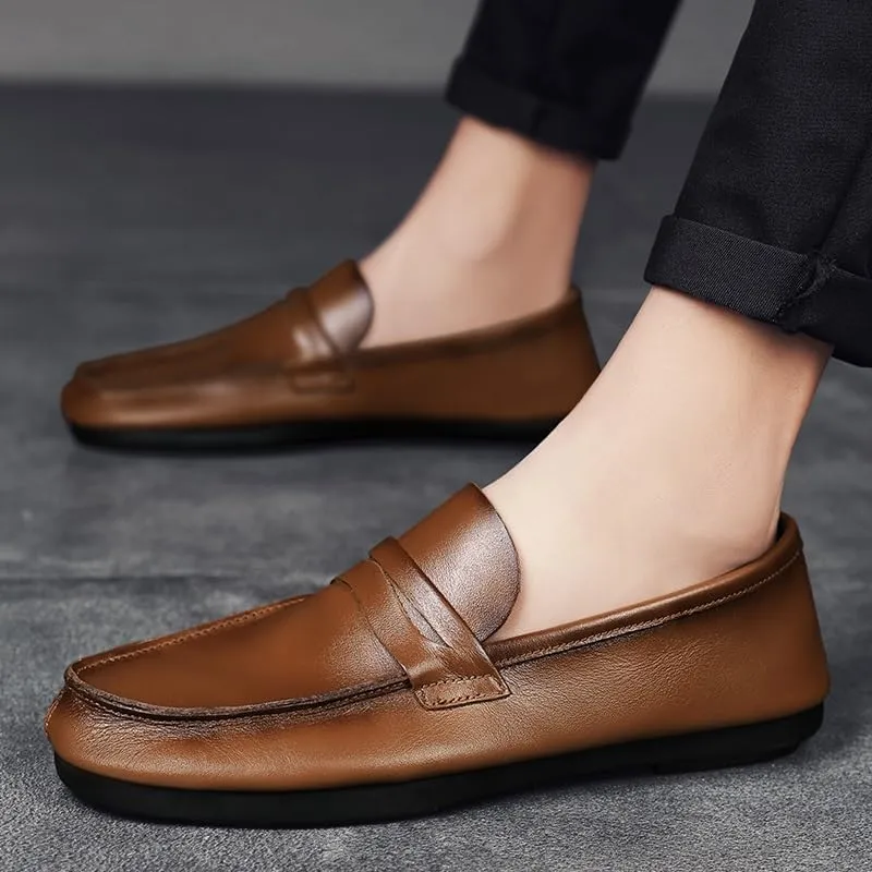 New Men's Loafers Round Toe Split Toe Solid Color Leather Penny Loafers Flexible Lightweight Comfortable Fashion Slip-on