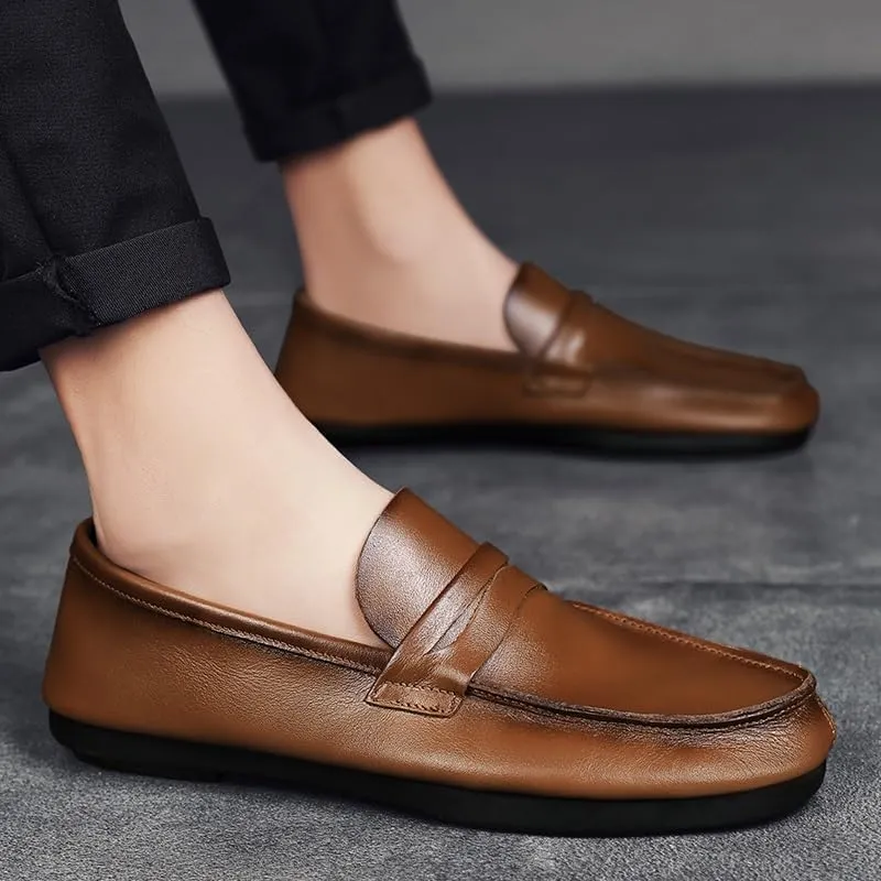 New Men's Loafers Round Toe Split Toe Solid Color Leather Penny Loafers Flexible Lightweight Comfortable Fashion Slip-on