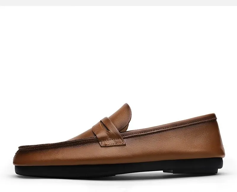 New Men's Loafers Round Toe Split Toe Solid Color Leather Penny Loafers Flexible Lightweight Comfortable Fashion Slip-on