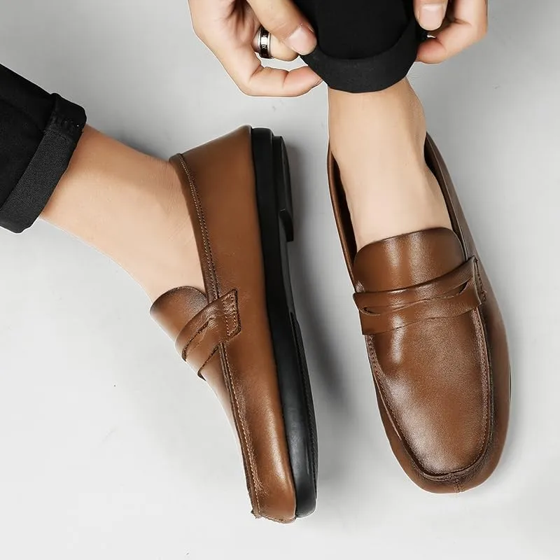 New Men's Loafers Round Toe Split Toe Solid Color Leather Penny Loafers Flexible Lightweight Comfortable Fashion Slip-on