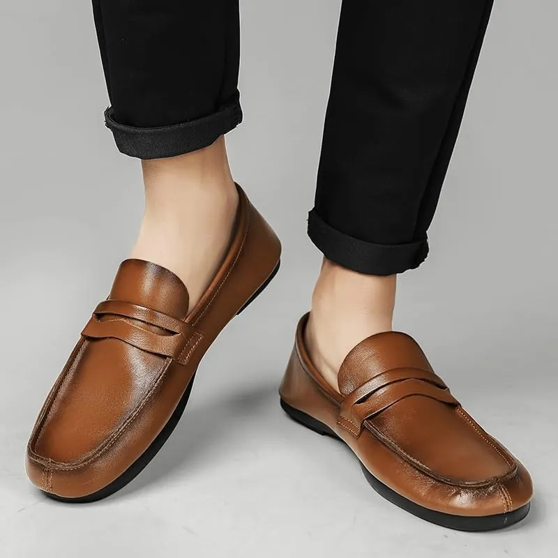 New Men's Loafers Round Toe Split Toe Solid Color Leather Penny Loafers Flexible Lightweight Comfortable Fashion Slip-on