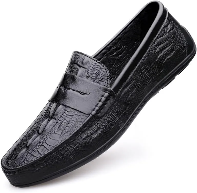 New Men's Loafers Round Toe Vegan Leather Crocodile Print Penny Loafers Lightweight Comfortable Flat Heel Prom Casual Slip On