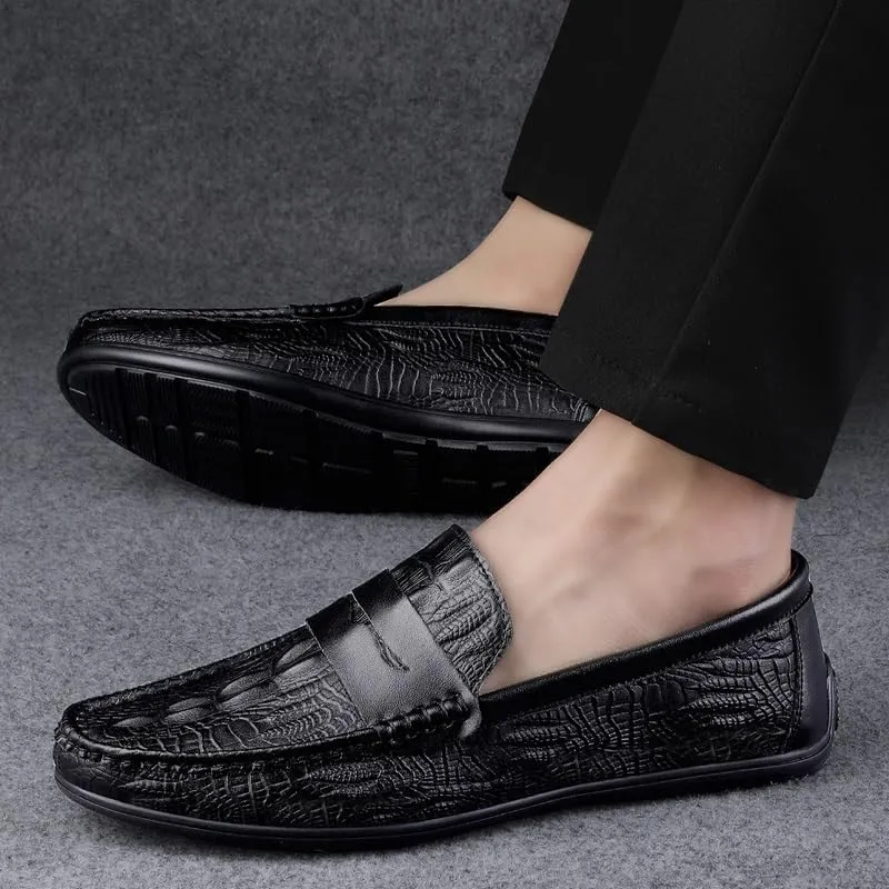 New Men's Loafers Round Toe Vegan Leather Crocodile Print Penny Loafers Lightweight Comfortable Flat Heel Prom Casual Slip On