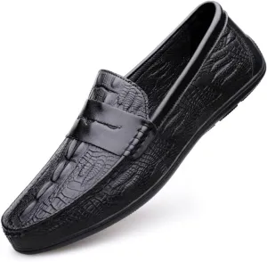 New Men's Loafers Round Toe Vegan Leather Crocodile Print Penny Loafers Lightweight Comfortable Flat Heel Prom Casual Slip On