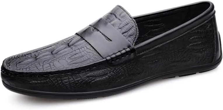 New Men's Loafers Round Toe Vegan Leather Crocodile Print Penny Loafers Lightweight Comfortable Flat Heel Prom Casual Slip On