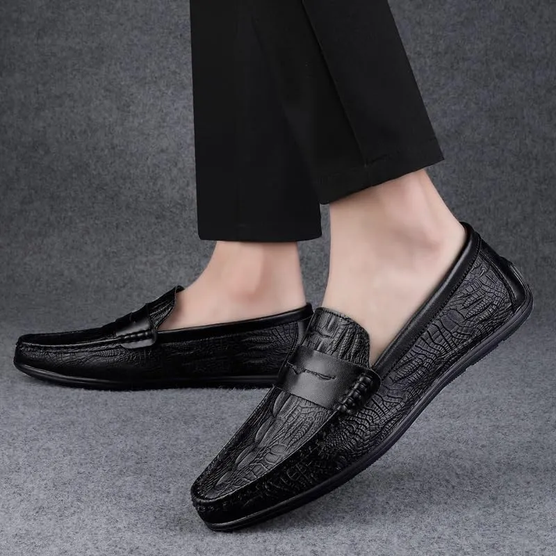 New Men's Loafers Round Toe Vegan Leather Crocodile Print Penny Loafers Lightweight Comfortable Flat Heel Prom Casual Slip On