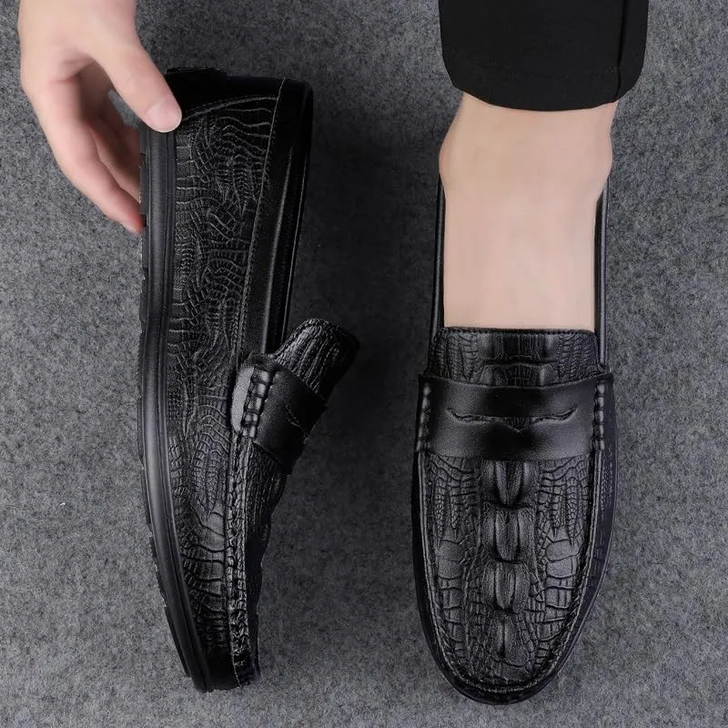 New Men's Loafers Round Toe Vegan Leather Crocodile Print Penny Loafers Lightweight Comfortable Flat Heel Prom Casual Slip On