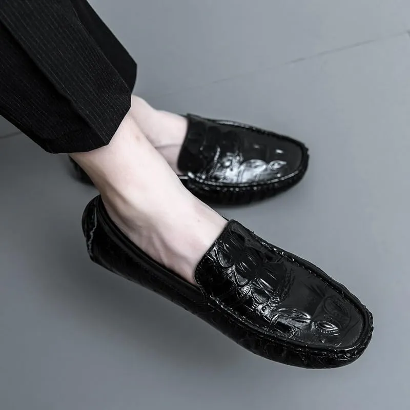 New Men's Loafers Shoes Leather Crocodile Print Driving Loafers Lightweight Flat Heel Flexible Walking Slip-ons