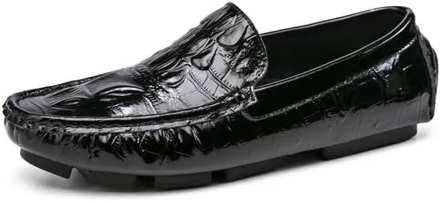 New Men's Loafers Shoes Leather Crocodile Print Driving Loafers Lightweight Flat Heel Flexible Walking Slip-ons