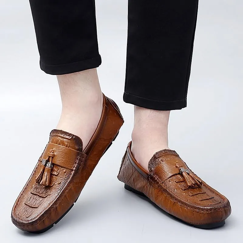New Men's Loafers Shoes Round Toe Crocodile Print with Tassel Driving Loafers Flat Heel Lightweight Comfortable Fashion Wedding Slip On