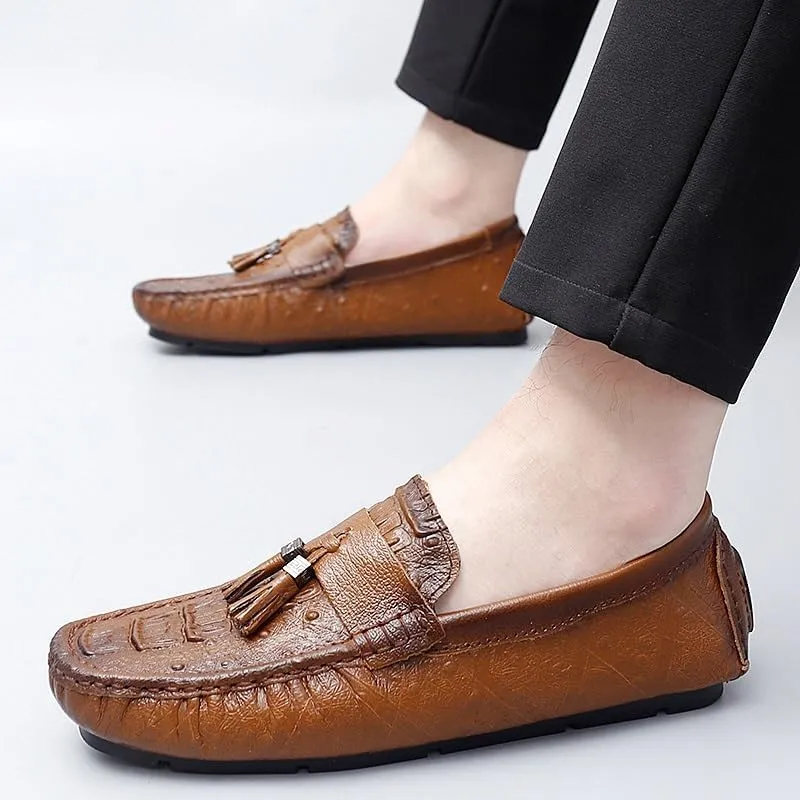 New Men's Loafers Shoes Round Toe Crocodile Print with Tassel Driving Loafers Flat Heel Lightweight Comfortable Fashion Wedding Slip On