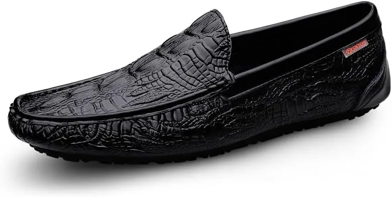 New Men's Loafers Shoes Square Toe Crocodile Print Faux Leather Moccasins Shoes Flat Heel Anti-Slip Resistant Party Classic Slip On