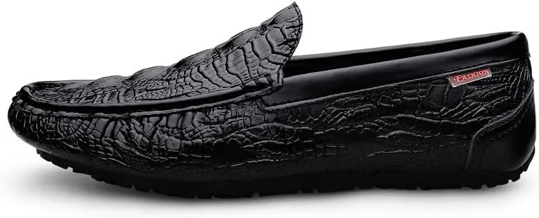 New Men's Loafers Shoes Square Toe Crocodile Print Faux Leather Moccasins Shoes Flat Heel Anti-Slip Resistant Party Classic Slip On