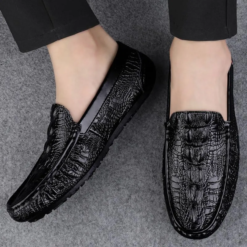 New Men's Loafers Shoes Square Toe Crocodile Print Faux Leather Moccasins Shoes Flat Heel Anti-Slip Resistant Party Classic Slip On