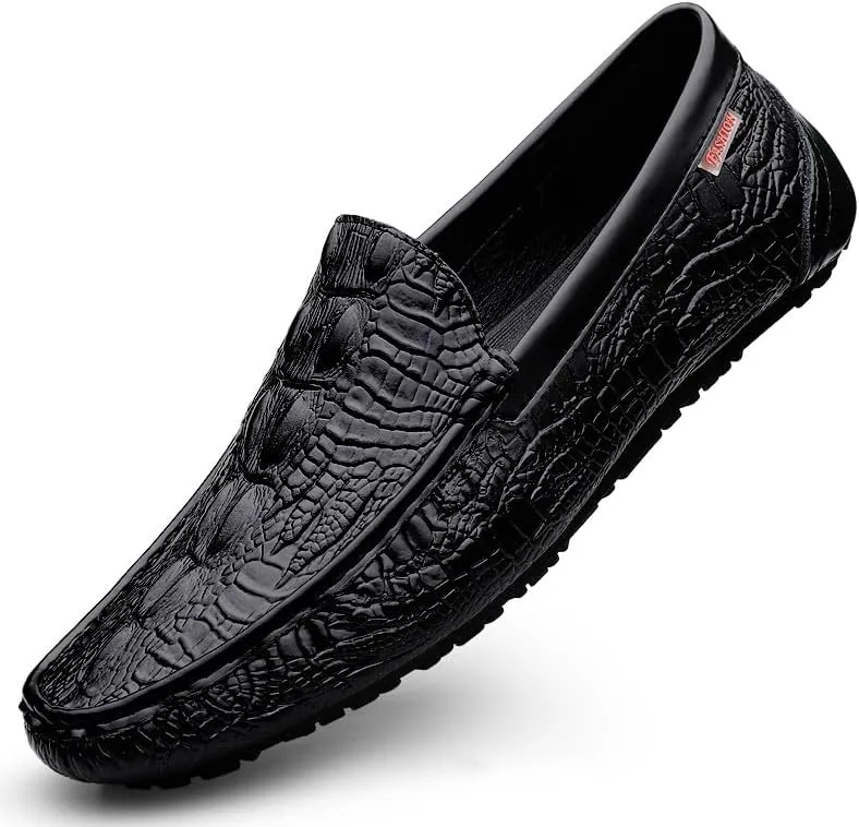 New Men's Loafers Shoes Square Toe Crocodile Print Faux Leather Moccasins Shoes Flat Heel Anti-Slip Resistant Party Classic Slip On