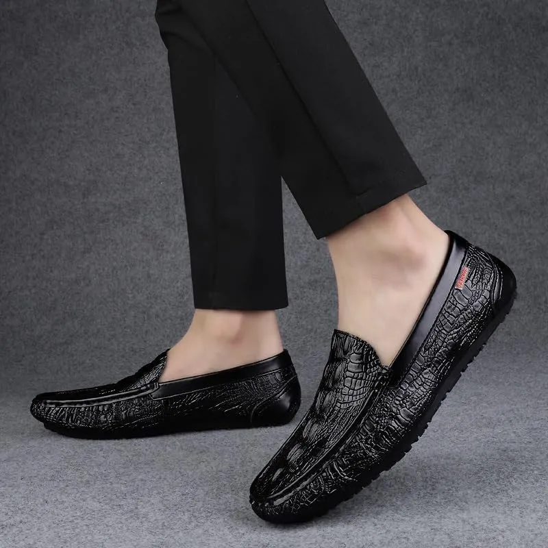 New Men's Loafers Shoes Square Toe Crocodile Print Faux Leather Moccasins Shoes Flat Heel Anti-Slip Resistant Party Classic Slip On
