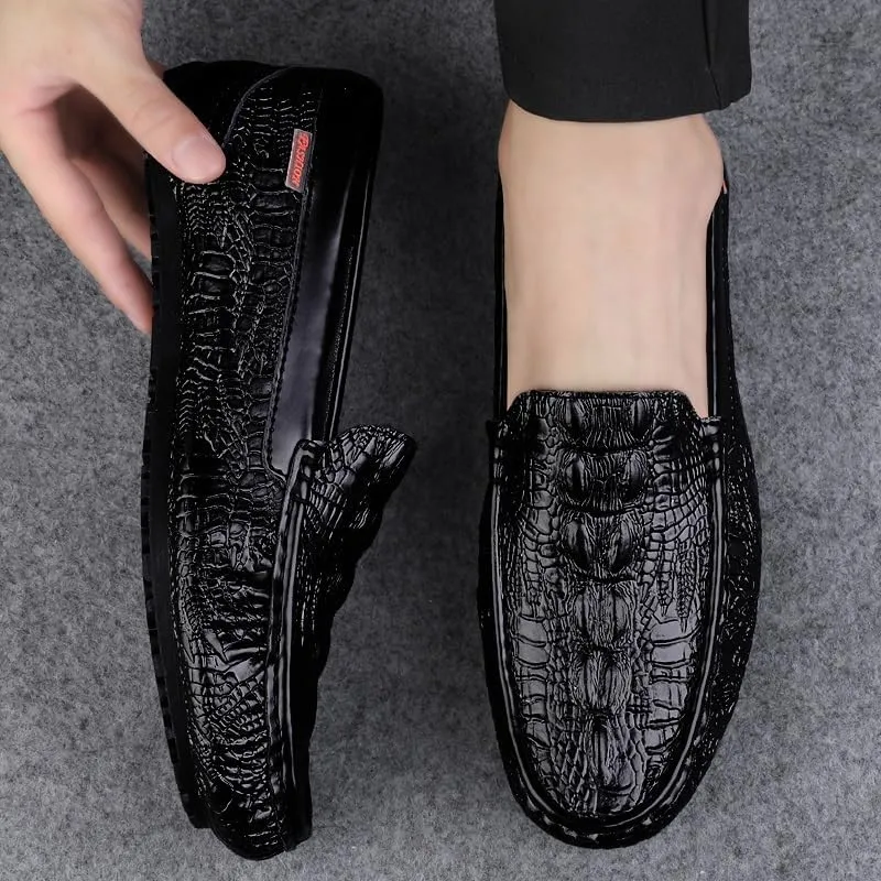 New Men's Loafers Shoes Square Toe Crocodile Print Faux Leather Moccasins Shoes Flat Heel Anti-Slip Resistant Party Classic Slip On