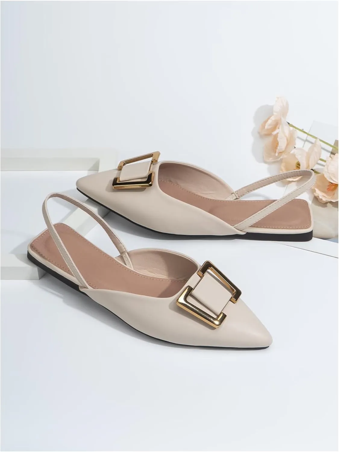 OYOANGLE Women's Metal Decor Pointed Toe Slingback Flats Slip on Ankle Strap Flat Shoes